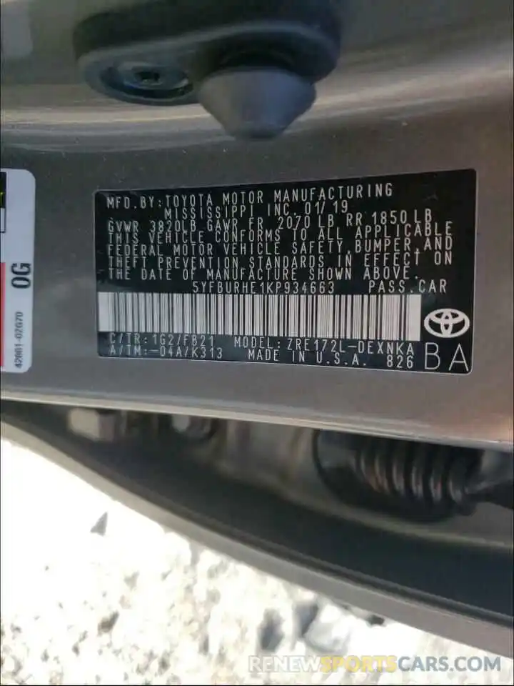 10 Photograph of a damaged car 5YFBURHE1KP934663 TOYOTA COROLLA 2019