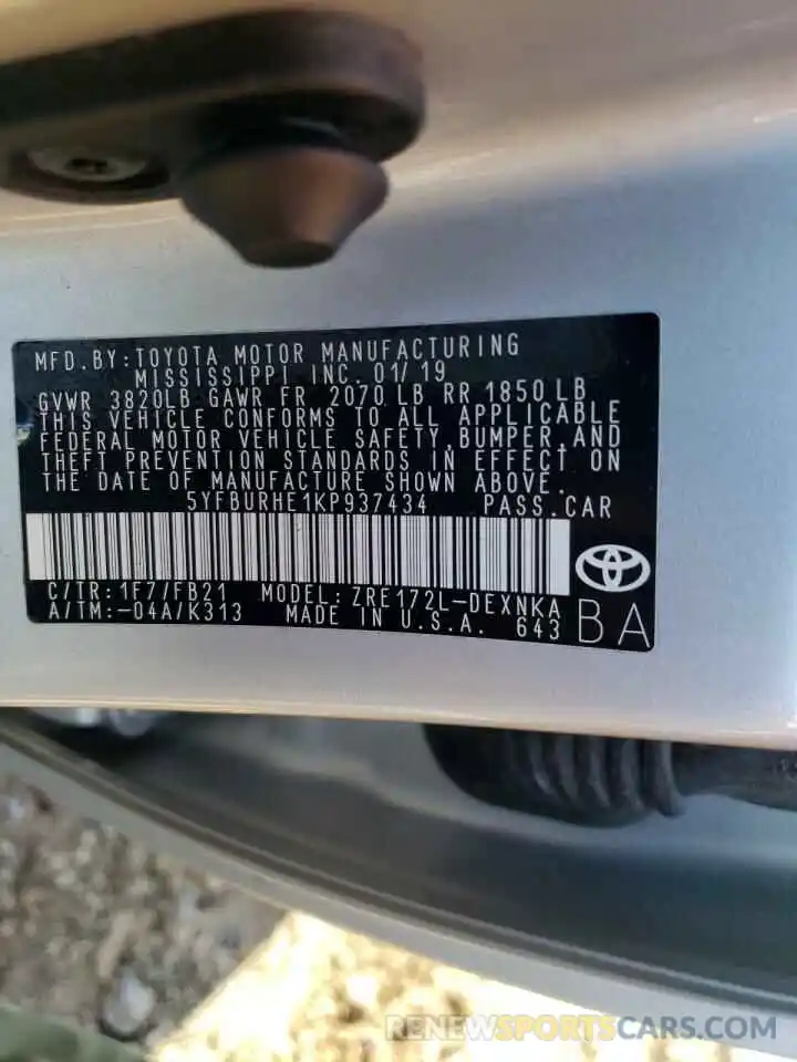 10 Photograph of a damaged car 5YFBURHE1KP937434 TOYOTA COROLLA 2019