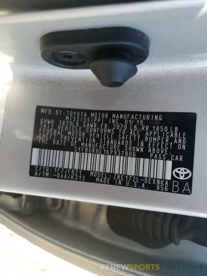 10 Photograph of a damaged car 5YFBURHE1KP937806 TOYOTA COROLLA 2019