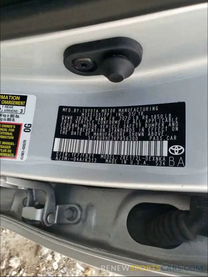 10 Photograph of a damaged car 5YFBURHE2KP856300 TOYOTA COROLLA 2019