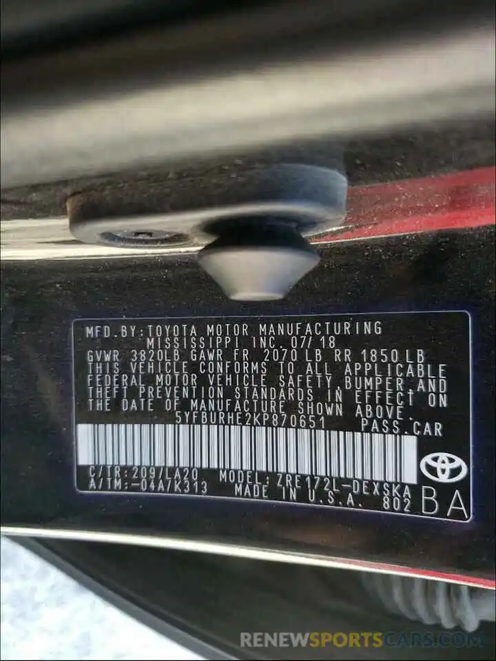 10 Photograph of a damaged car 5YFBURHE2KP870651 TOYOTA COROLLA 2019