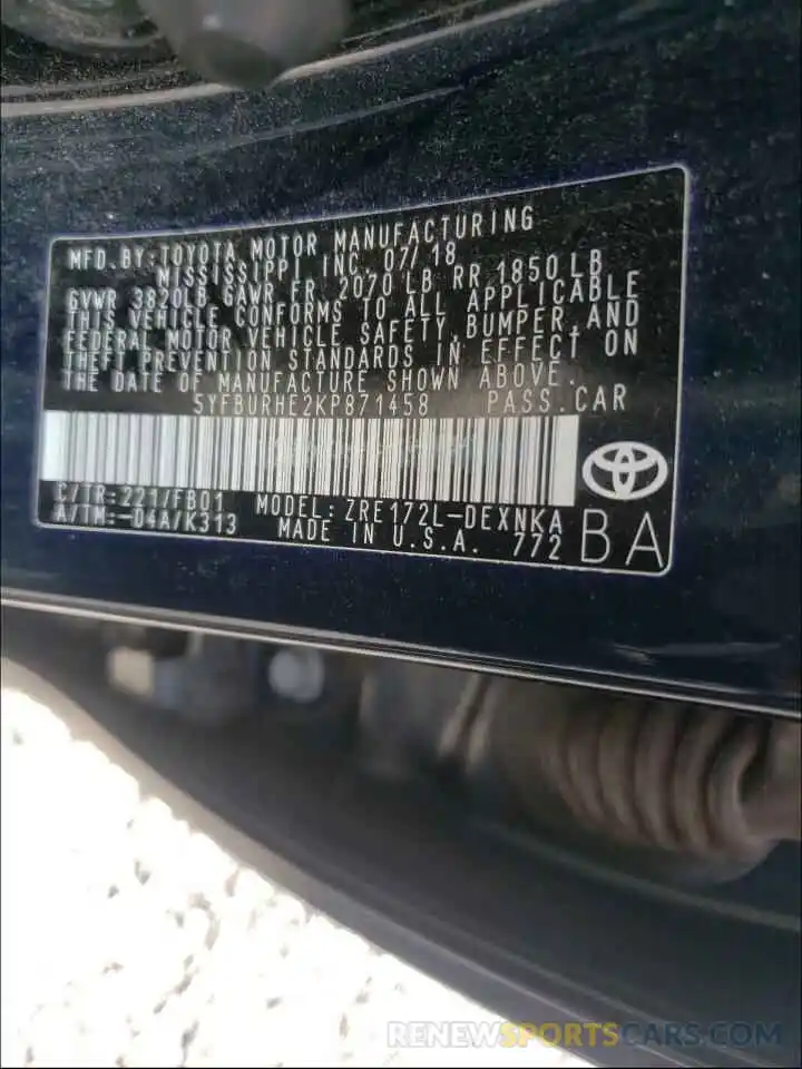 10 Photograph of a damaged car 5YFBURHE2KP871458 TOYOTA COROLLA 2019