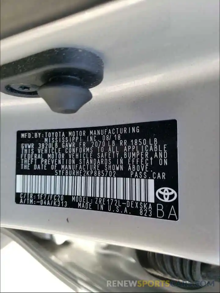 10 Photograph of a damaged car 5YFBURHE2KP885702 TOYOTA COROLLA 2019