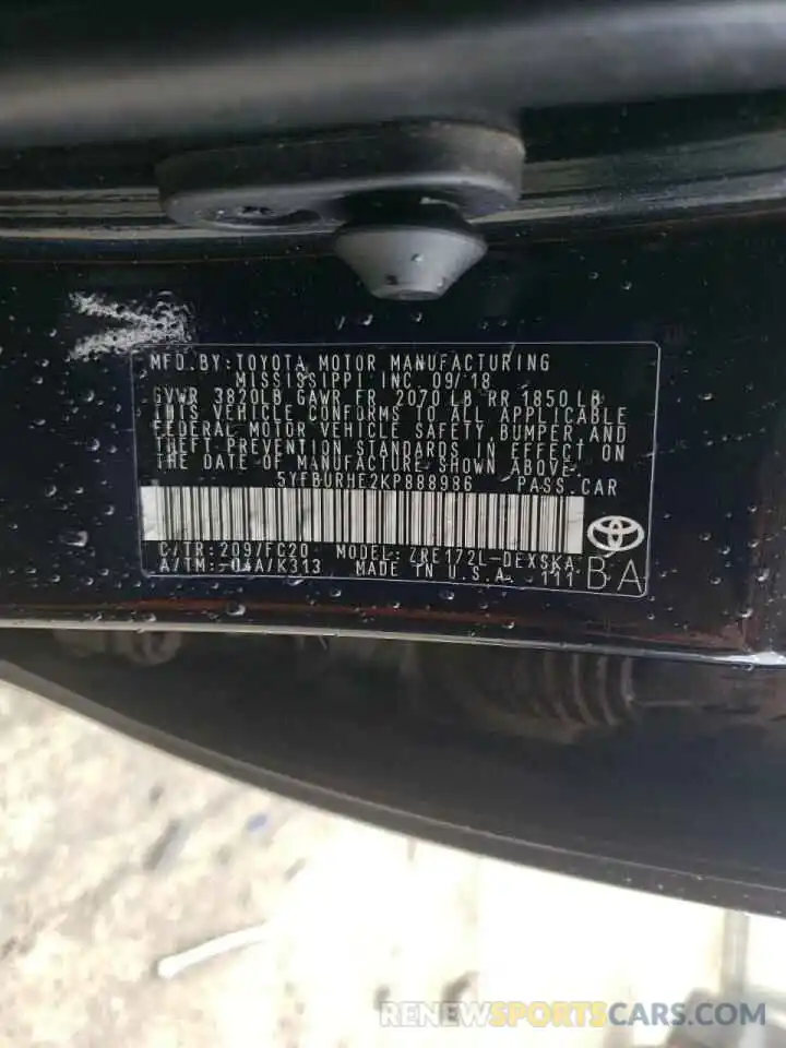 10 Photograph of a damaged car 5YFBURHE2KP888986 TOYOTA COROLLA 2019