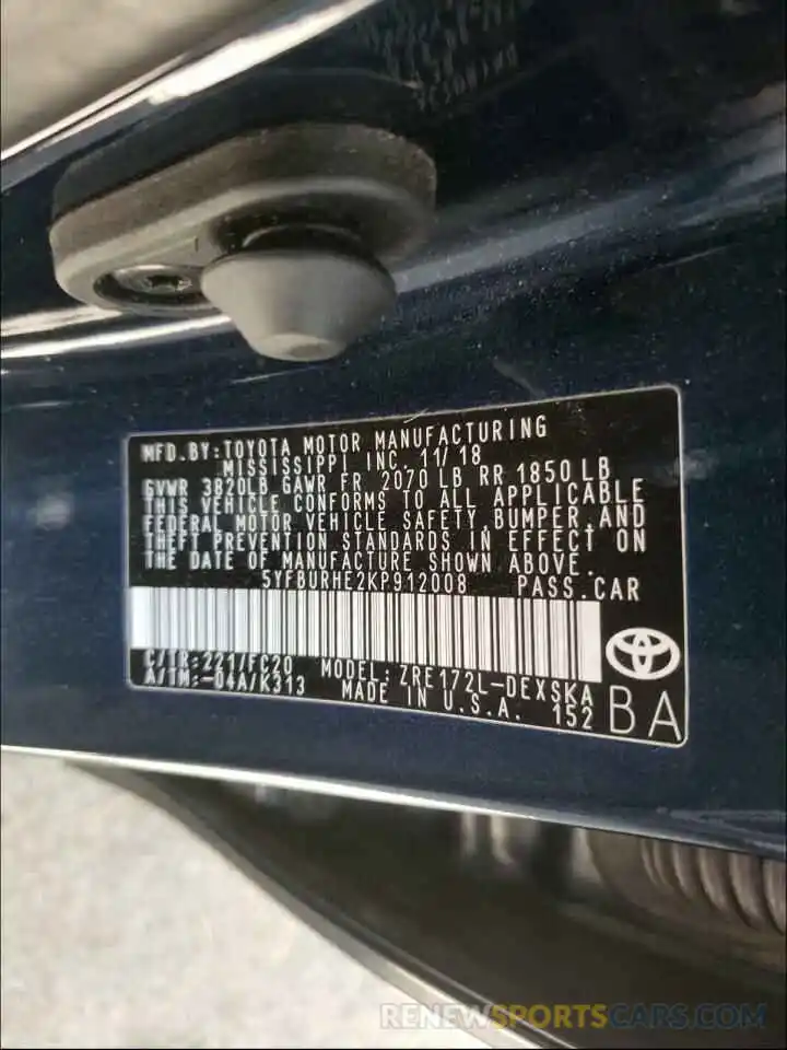 10 Photograph of a damaged car 5YFBURHE2KP912008 TOYOTA COROLLA 2019