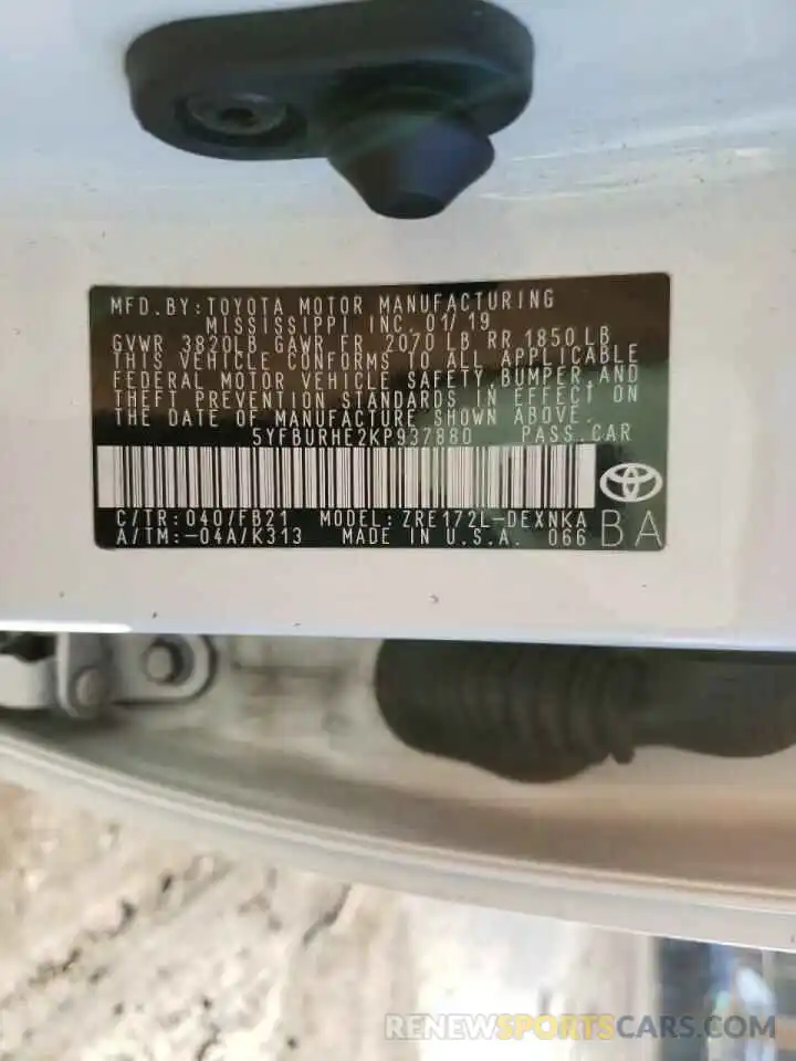 10 Photograph of a damaged car 5YFBURHE2KP937880 TOYOTA COROLLA 2019