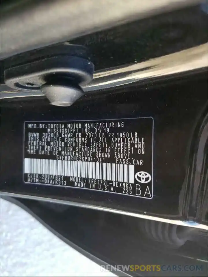 10 Photograph of a damaged car 5YFBURHE2KP941041 TOYOTA COROLLA 2019