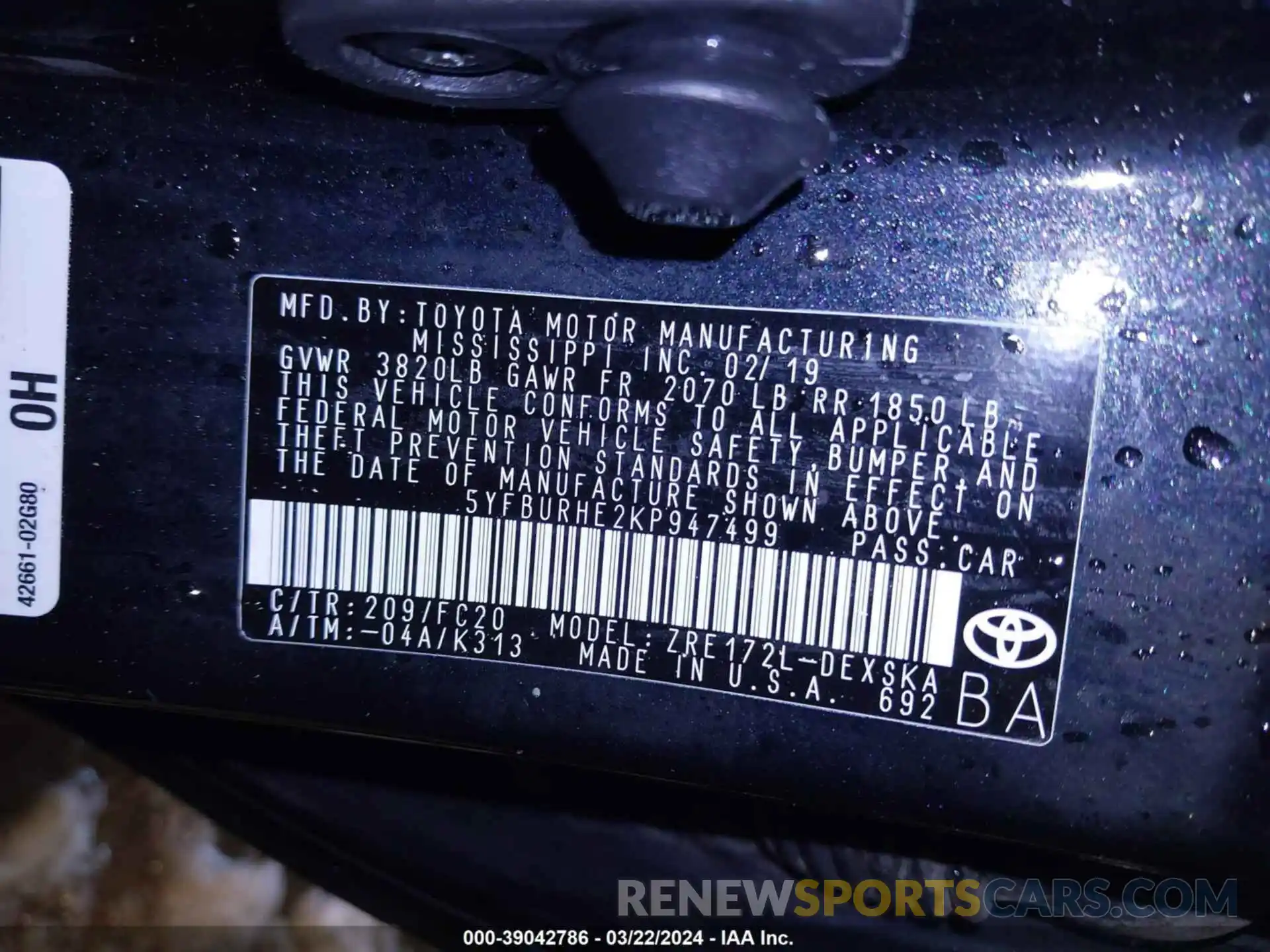 9 Photograph of a damaged car 5YFBURHE2KP947499 TOYOTA COROLLA 2019