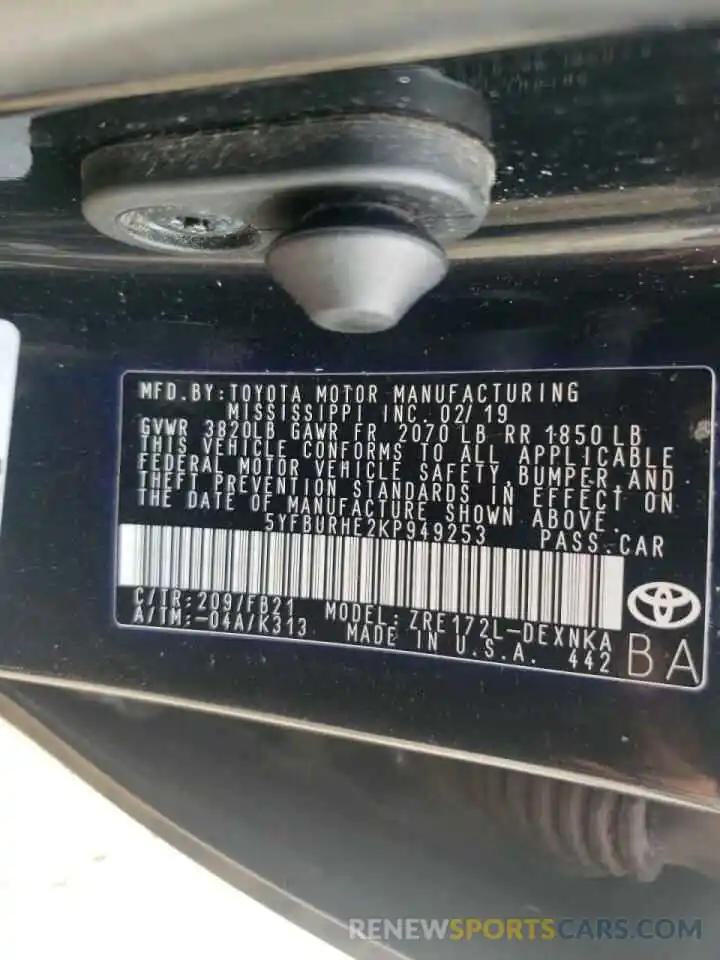 10 Photograph of a damaged car 5YFBURHE2KP949253 TOYOTA COROLLA 2019