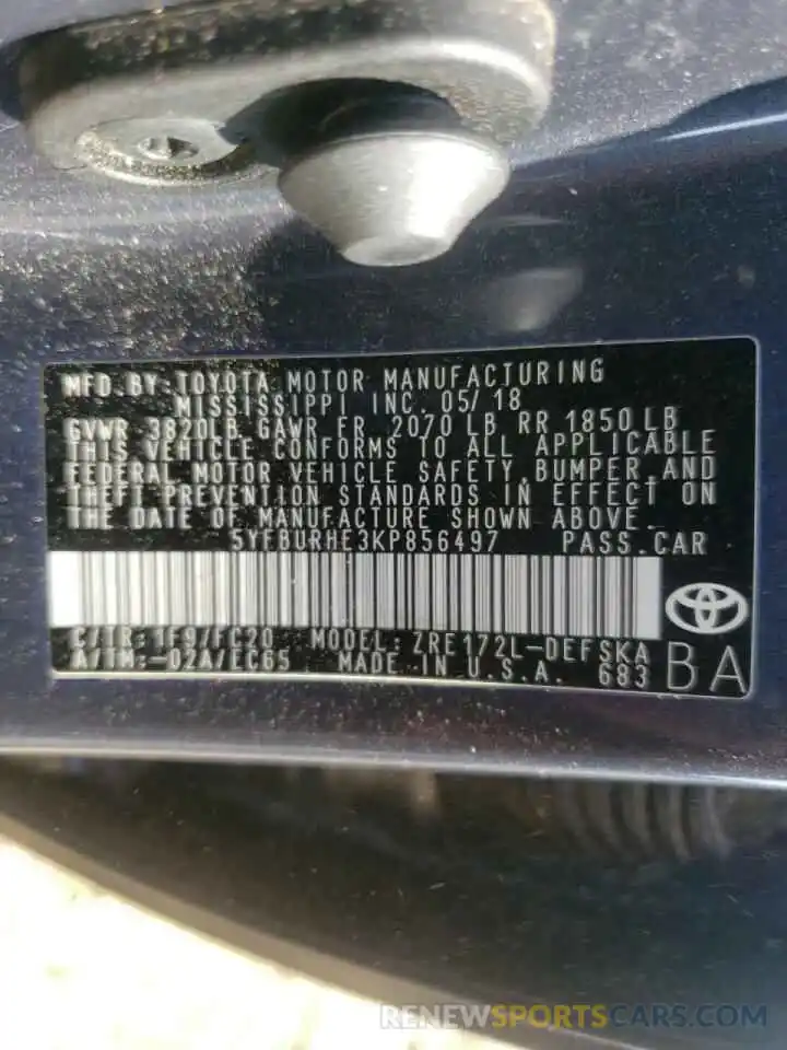 10 Photograph of a damaged car 5YFBURHE3KP856497 TOYOTA COROLLA 2019