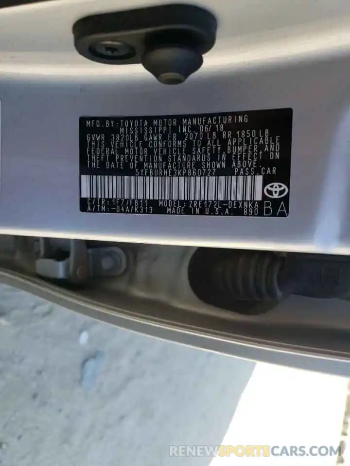 10 Photograph of a damaged car 5YFBURHE3KP860727 TOYOTA COROLLA 2019