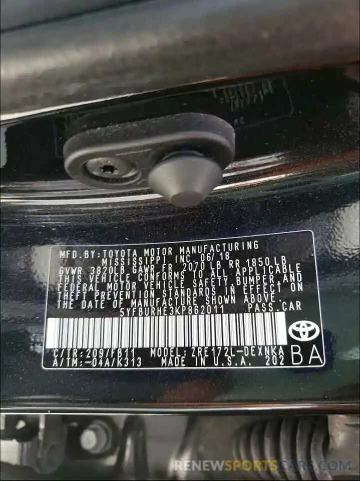 10 Photograph of a damaged car 5YFBURHE3KP862011 TOYOTA COROLLA 2019