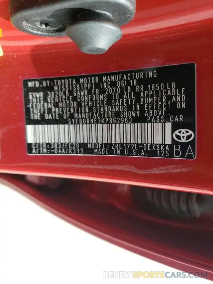 10 Photograph of a damaged car 5YFBURHE3KP862963 TOYOTA COROLLA 2019