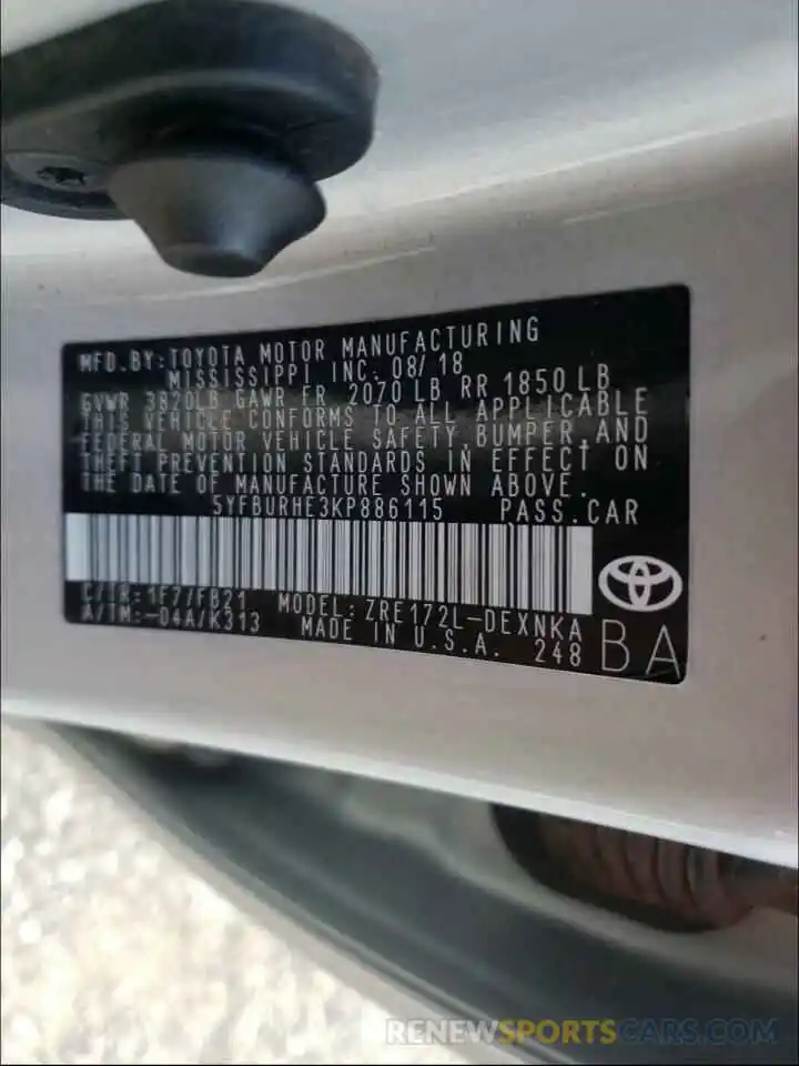 10 Photograph of a damaged car 5YFBURHE3KP886115 TOYOTA COROLLA 2019