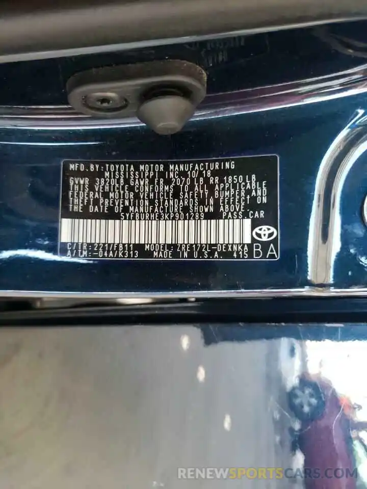 10 Photograph of a damaged car 5YFBURHE3KP901289 TOYOTA COROLLA 2019