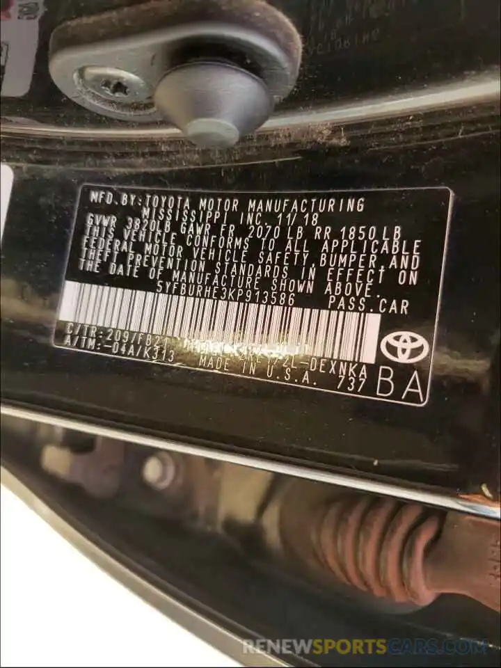 10 Photograph of a damaged car 5YFBURHE3KP913586 TOYOTA COROLLA 2019