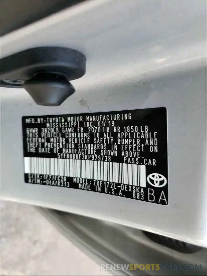 10 Photograph of a damaged car 5YFBURHE3KP929738 TOYOTA COROLLA 2019