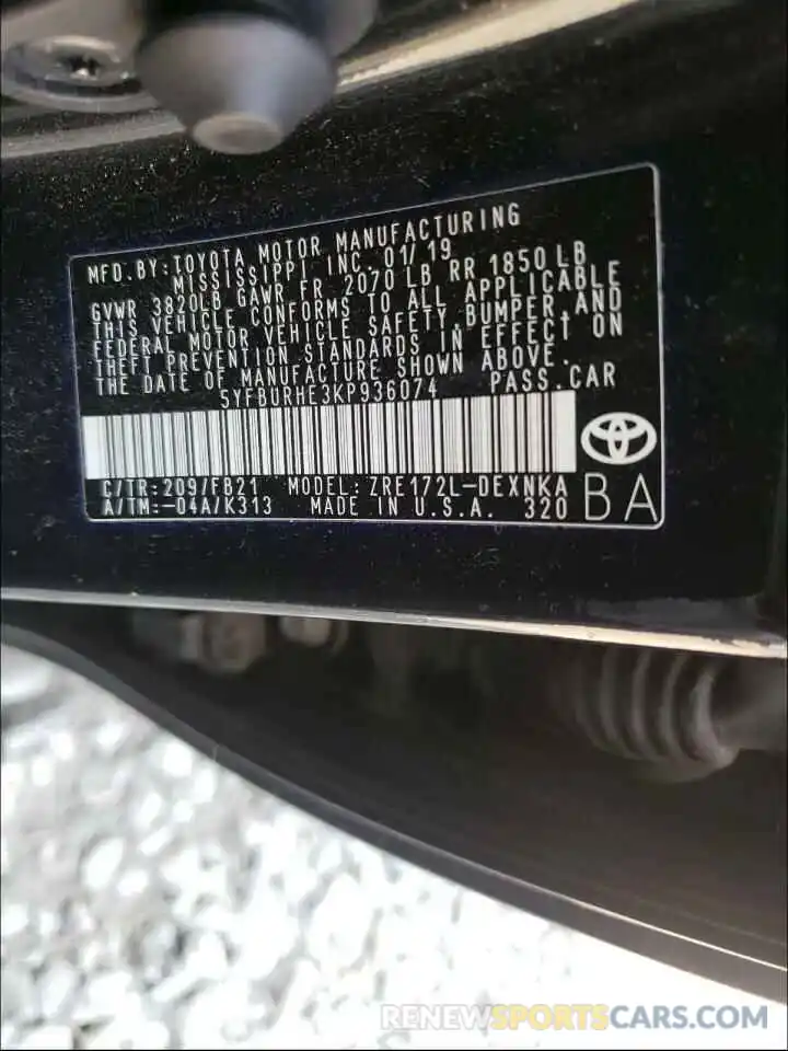 10 Photograph of a damaged car 5YFBURHE3KP936074 TOYOTA COROLLA 2019