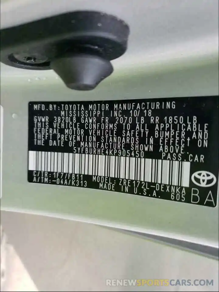 10 Photograph of a damaged car 5YFBURHE4KP905450 TOYOTA COROLLA 2019