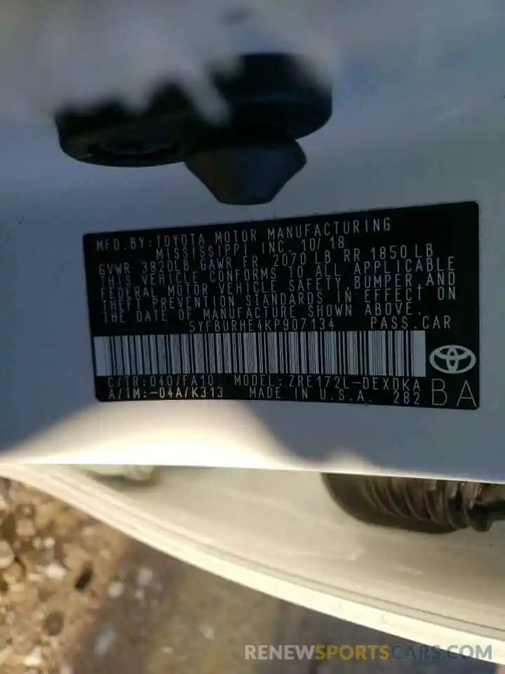 10 Photograph of a damaged car 5YFBURHE4KP907134 TOYOTA COROLLA 2019