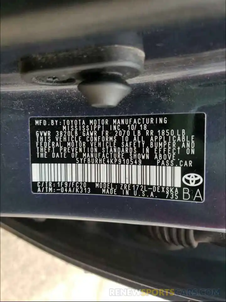 10 Photograph of a damaged car 5YFBURHE4KP910549 TOYOTA COROLLA 2019