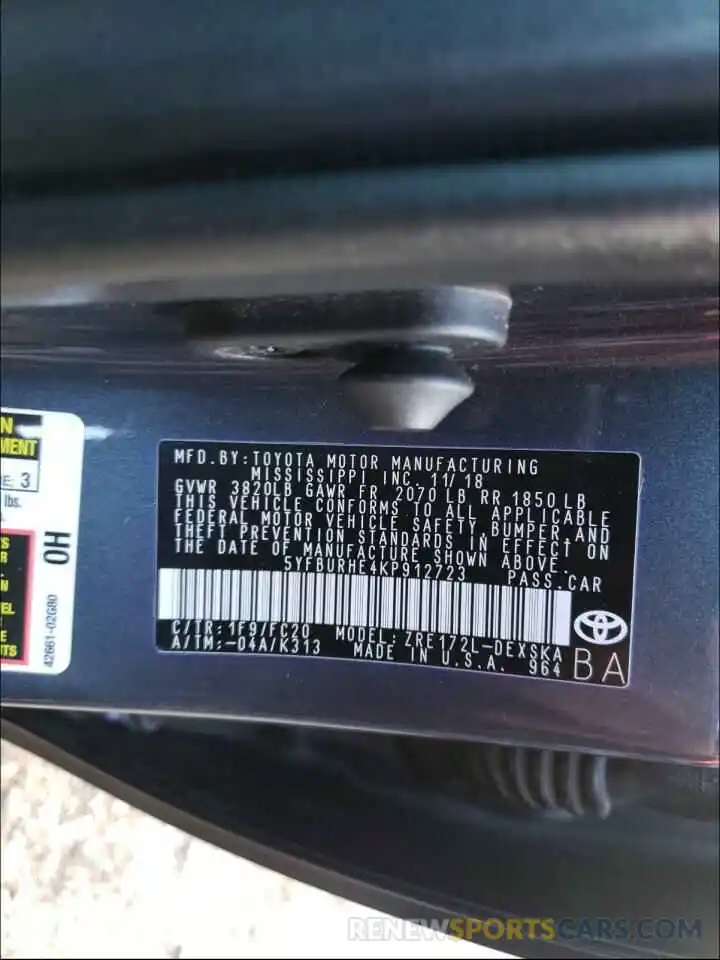 10 Photograph of a damaged car 5YFBURHE4KP912723 TOYOTA COROLLA 2019