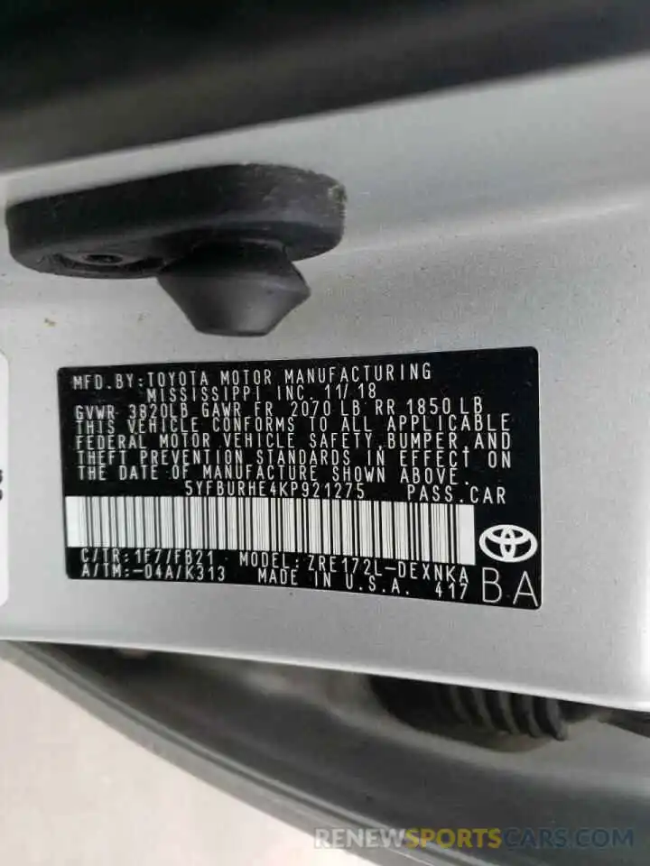 10 Photograph of a damaged car 5YFBURHE4KP921275 TOYOTA COROLLA 2019