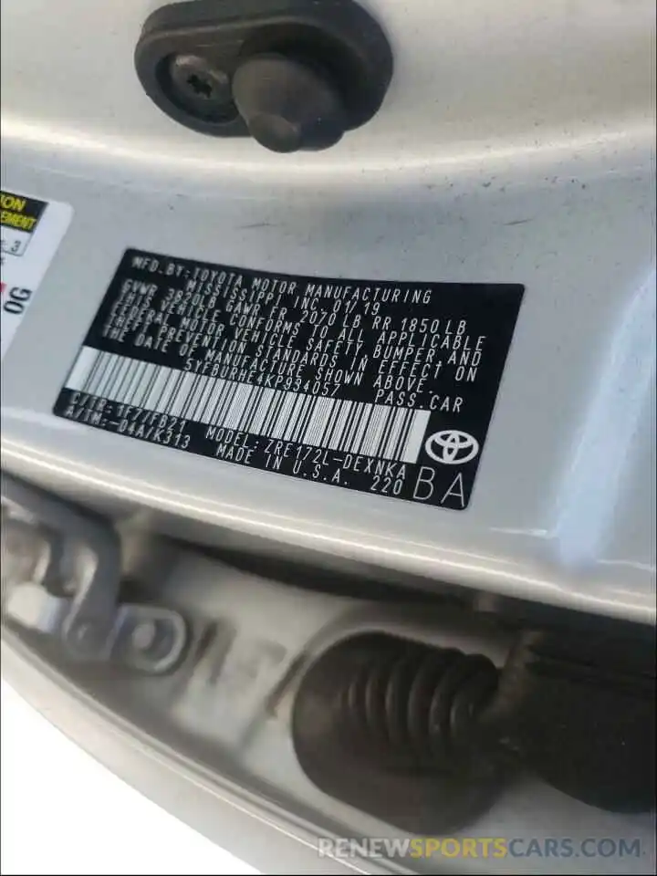 10 Photograph of a damaged car 5YFBURHE4KP934057 TOYOTA COROLLA 2019