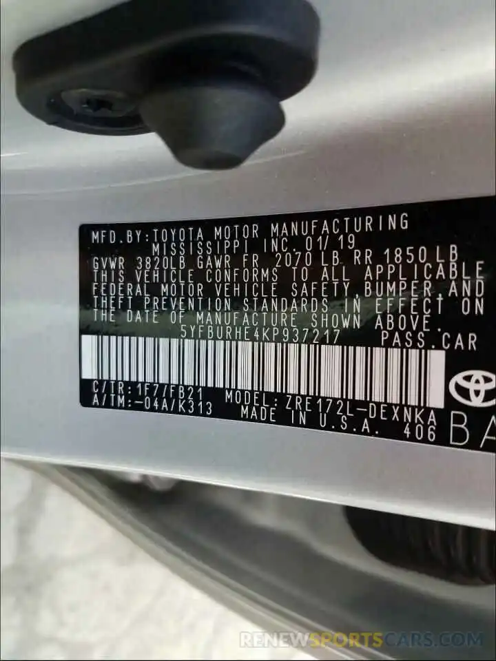 10 Photograph of a damaged car 5YFBURHE4KP937217 TOYOTA COROLLA 2019