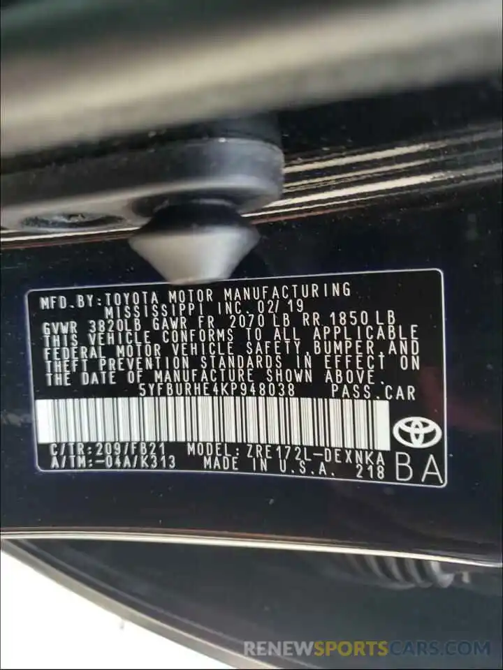 10 Photograph of a damaged car 5YFBURHE4KP948038 TOYOTA COROLLA 2019