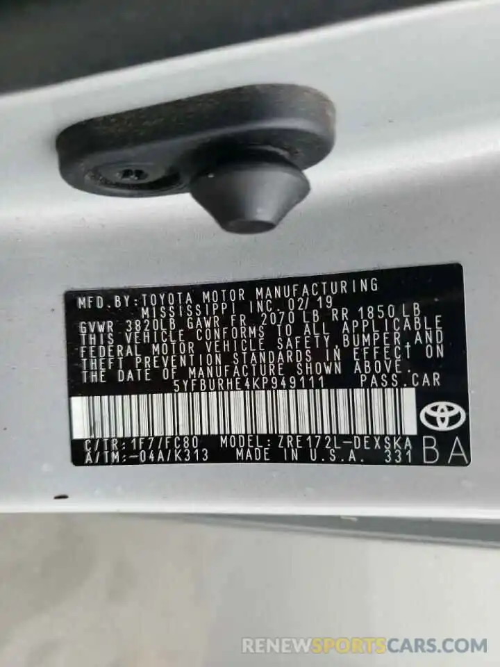 10 Photograph of a damaged car 5YFBURHE4KP949111 TOYOTA COROLLA 2019