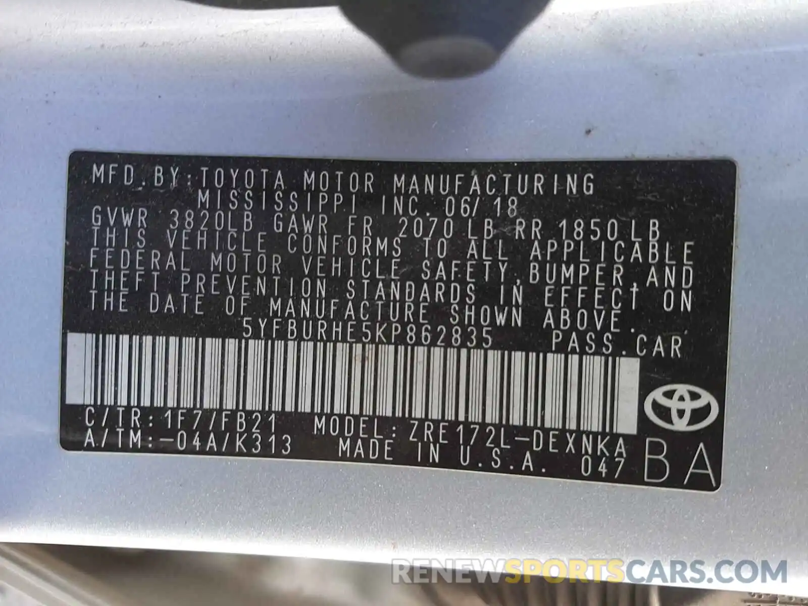 10 Photograph of a damaged car 5YFBURHE5KP862835 TOYOTA COROLLA 2019