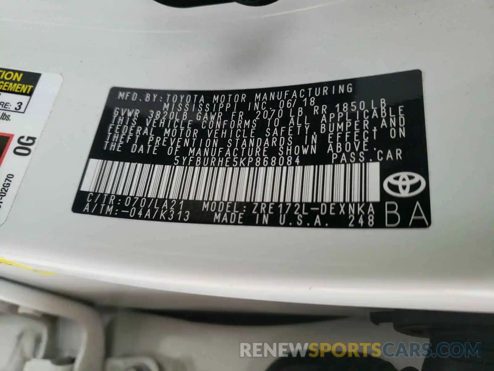 10 Photograph of a damaged car 5YFBURHE5KP868084 TOYOTA COROLLA 2019