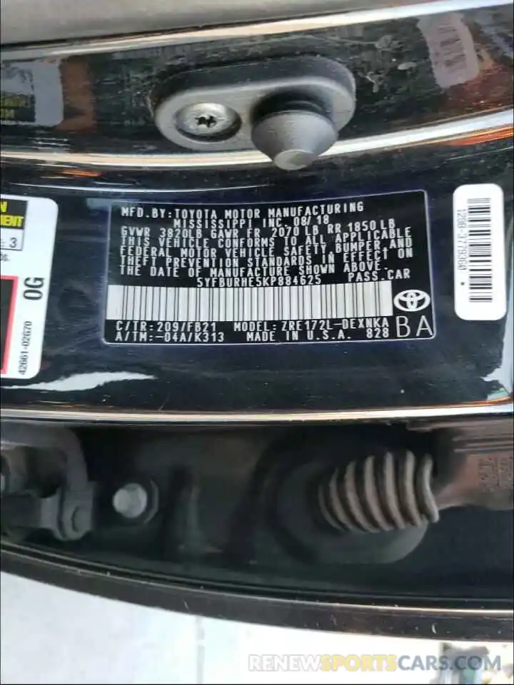 10 Photograph of a damaged car 5YFBURHE5KP884625 TOYOTA COROLLA 2019