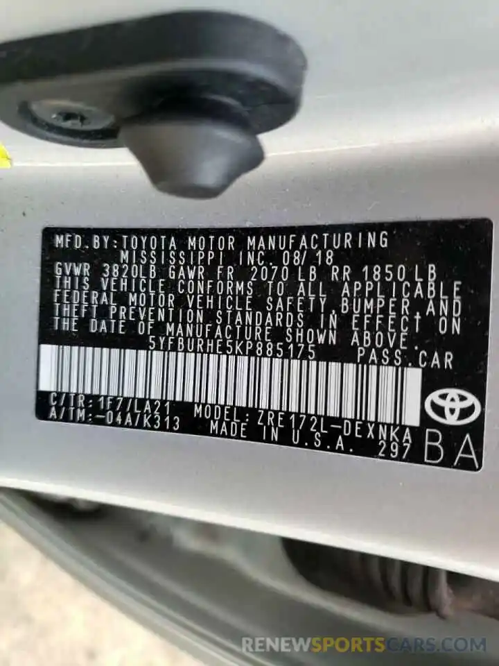 10 Photograph of a damaged car 5YFBURHE5KP885175 TOYOTA COROLLA 2019