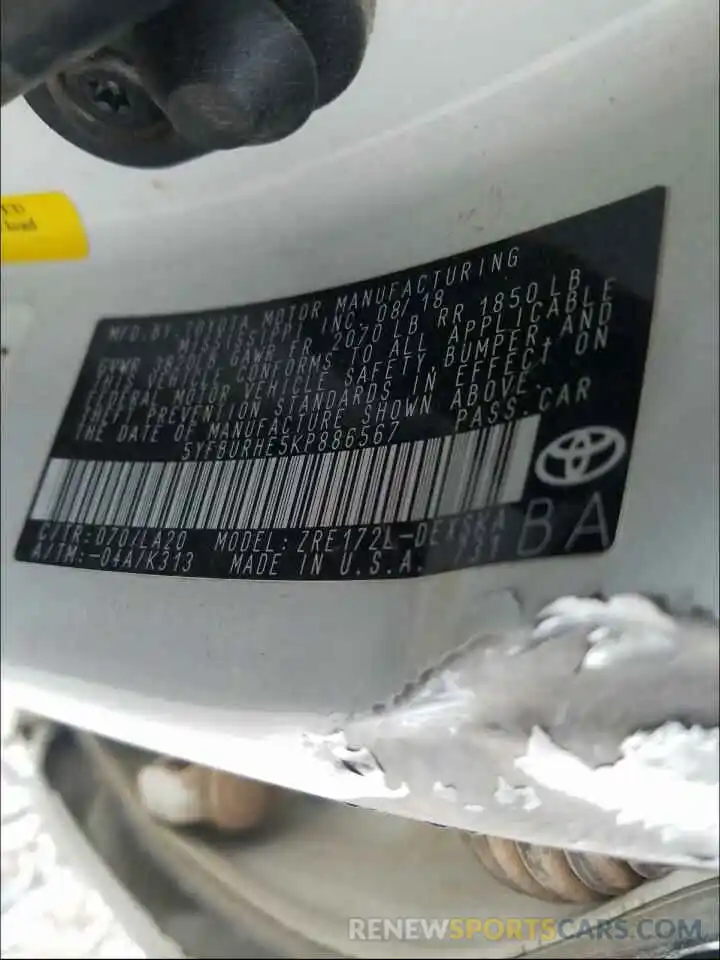 10 Photograph of a damaged car 5YFBURHE5KP886567 TOYOTA COROLLA 2019