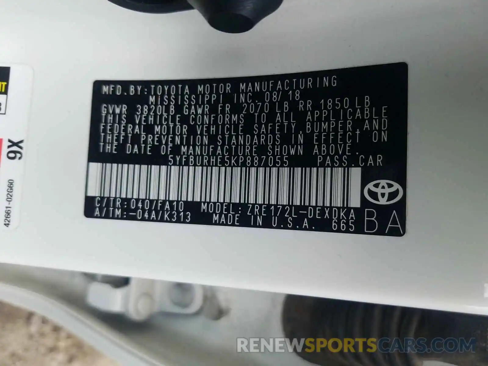 10 Photograph of a damaged car 5YFBURHE5KP887055 TOYOTA COROLLA 2019