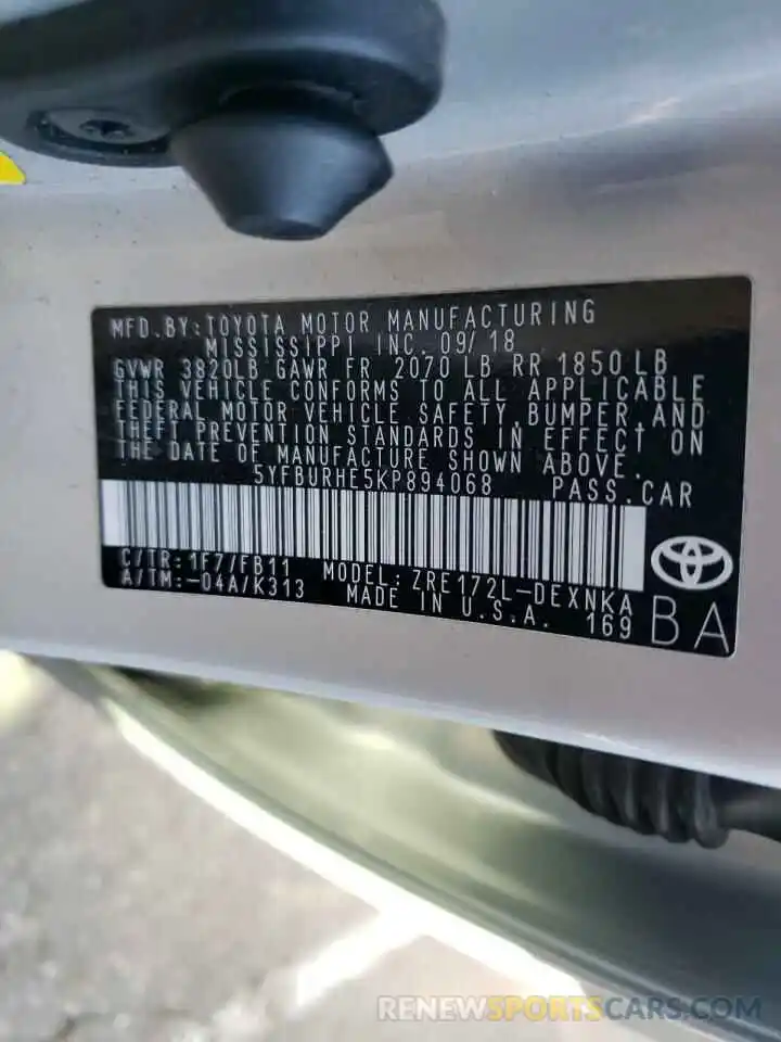 10 Photograph of a damaged car 5YFBURHE5KP894068 TOYOTA COROLLA 2019