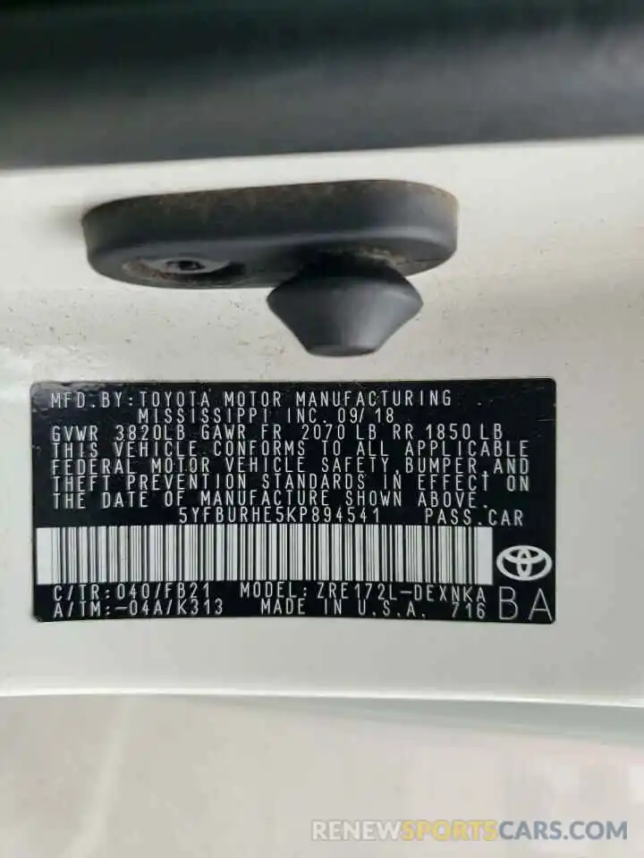 10 Photograph of a damaged car 5YFBURHE5KP894541 TOYOTA COROLLA 2019