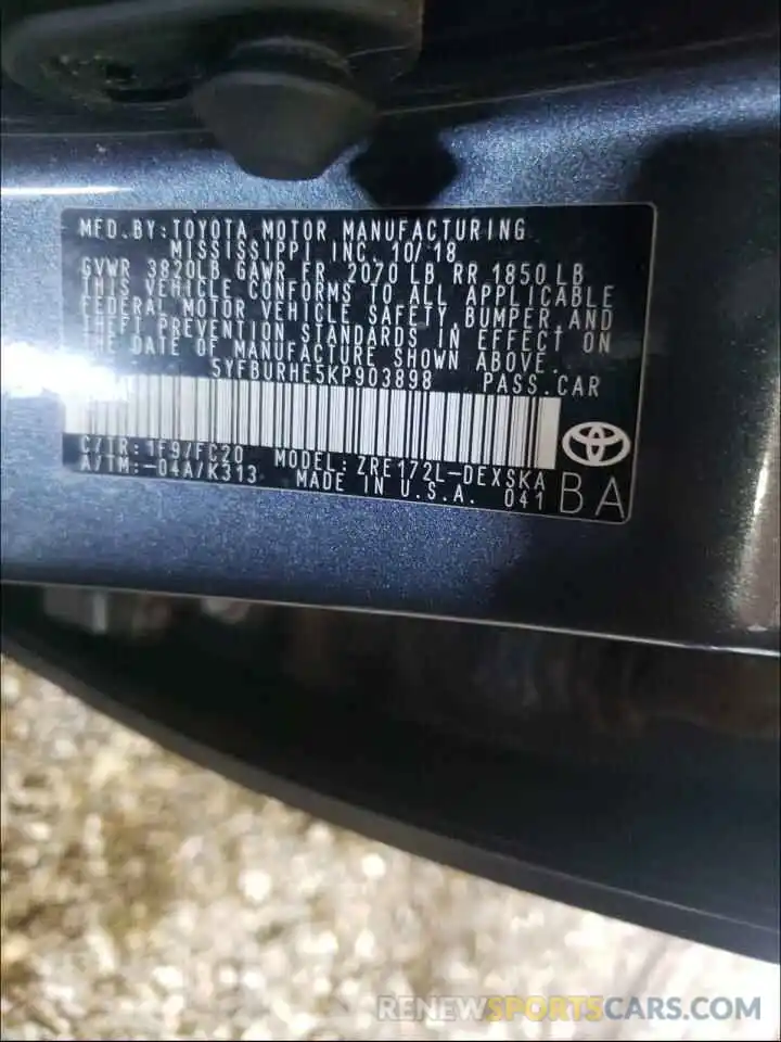 10 Photograph of a damaged car 5YFBURHE5KP903898 TOYOTA COROLLA 2019