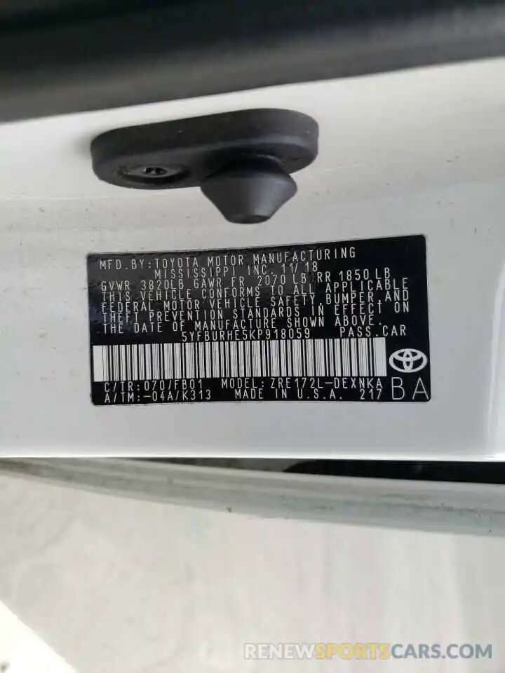 10 Photograph of a damaged car 5YFBURHE5KP918059 TOYOTA COROLLA 2019