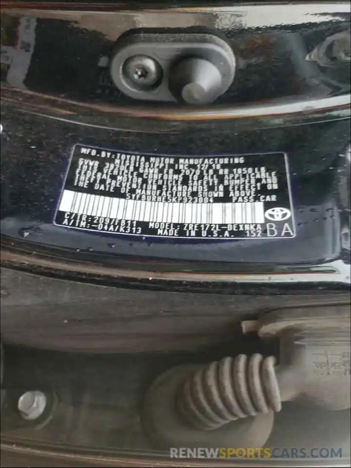 10 Photograph of a damaged car 5YFBURHE5KP923004 TOYOTA COROLLA 2019