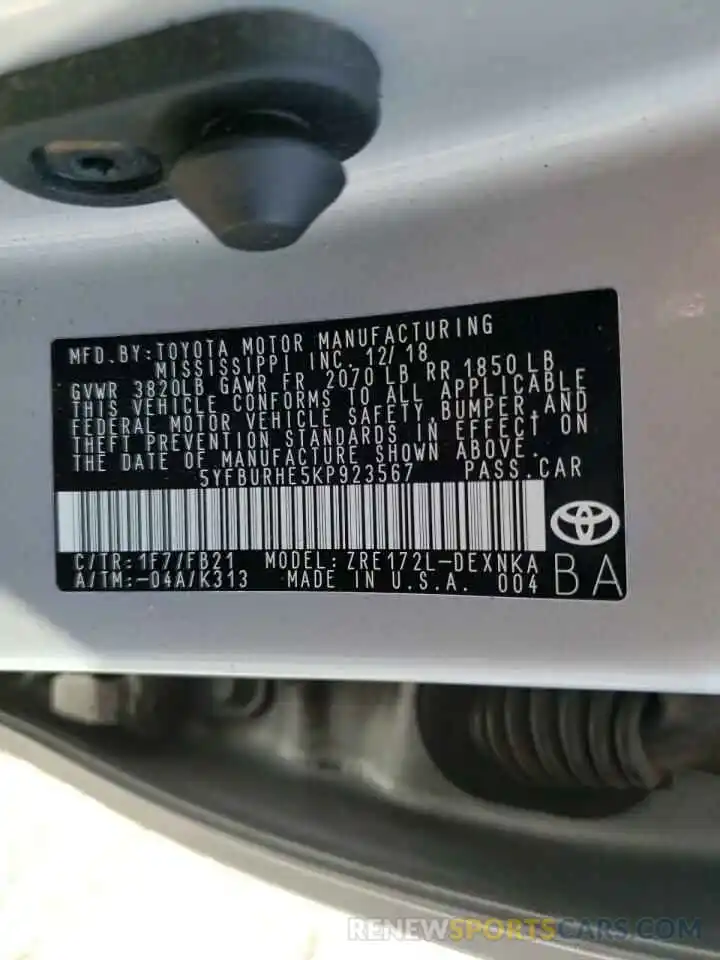 10 Photograph of a damaged car 5YFBURHE5KP923567 TOYOTA COROLLA 2019