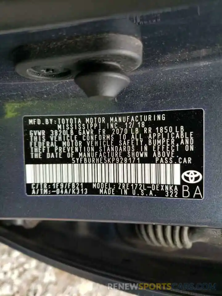 10 Photograph of a damaged car 5YFBURHE5KP928171 TOYOTA COROLLA 2019