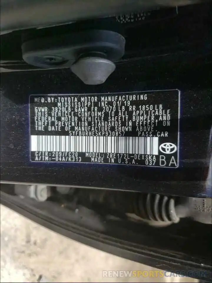 10 Photograph of a damaged car 5YFBURHE5KP930857 TOYOTA COROLLA 2019