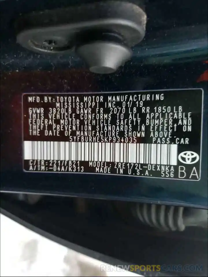 10 Photograph of a damaged car 5YFBURHE5KP934035 TOYOTA COROLLA 2019