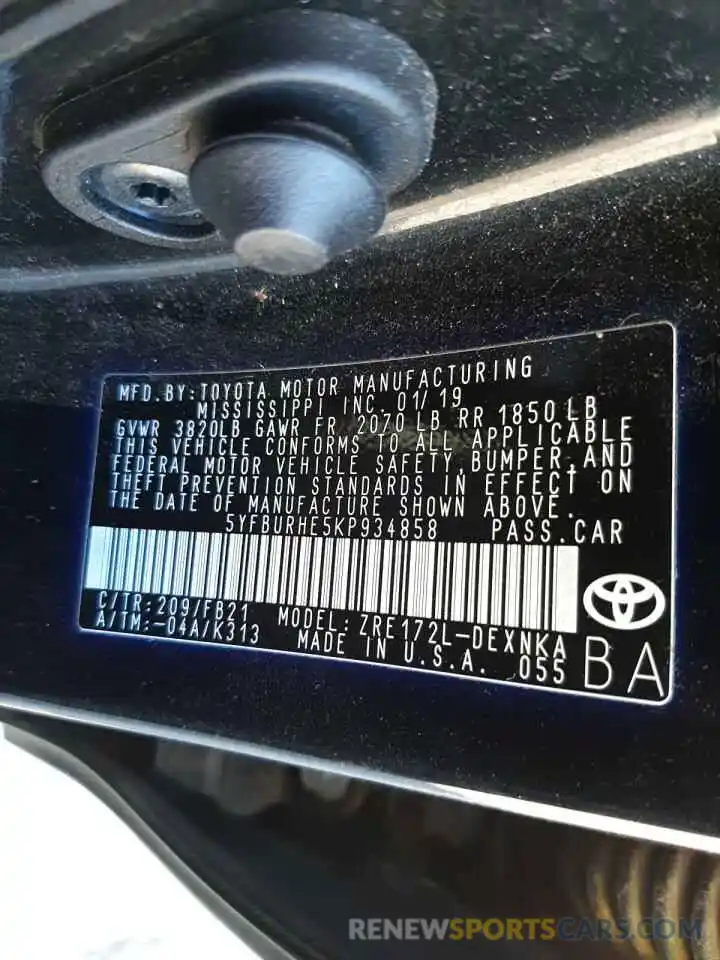 10 Photograph of a damaged car 5YFBURHE5KP934858 TOYOTA COROLLA 2019