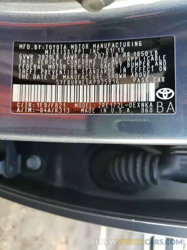 10 Photograph of a damaged car 5YFBURHE5KP935816 TOYOTA COROLLA 2019