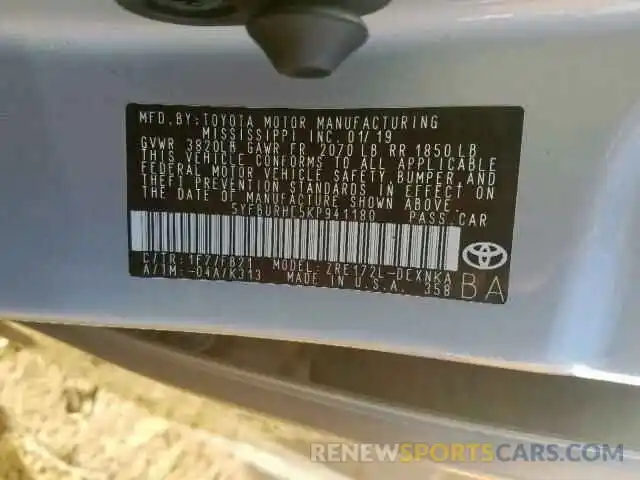 10 Photograph of a damaged car 5YFBURHE5KP941180 TOYOTA COROLLA 2019