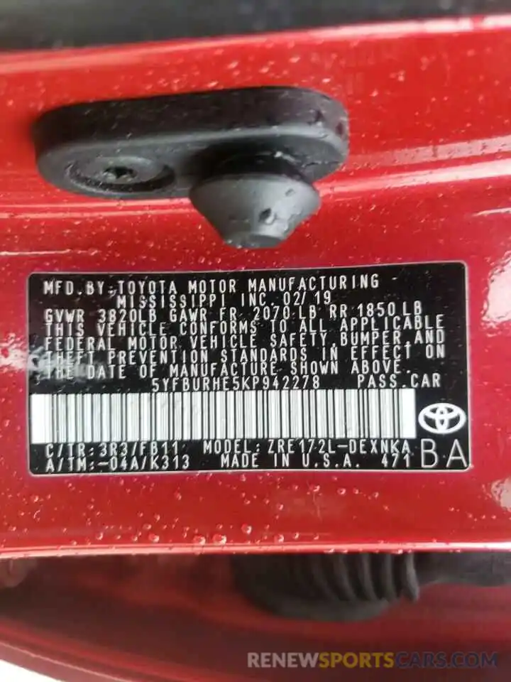 10 Photograph of a damaged car 5YFBURHE5KP942278 TOYOTA COROLLA 2019